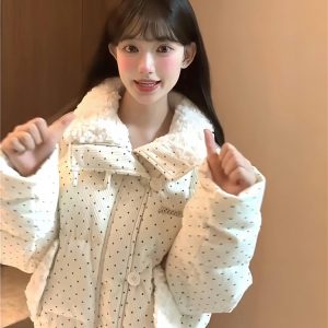 2024 Women's Corduroy Polka Dot Down Jacket with Fur Collar, Thick Loose Short Coat for Winter Fashion