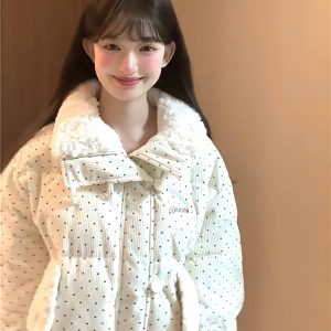 2024 Women's Corduroy Polka Dot Down Jacket with Fur Collar, Thick Loose Short Coat for Winter Fashion