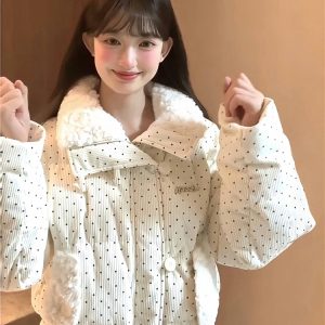2024 Women's Corduroy Polka Dot Down Jacket with Fur Collar, Thick Loose Short Coat for Winter Fashion