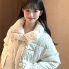 2024 Women's Corduroy Polka Dot Down Jacket with Fur Collar, Thick Loose Short Coat for Winter Fashion