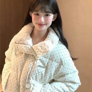 2024 Women's Corduroy Polka Dot Down Jacket with Fur Collar, Thick Loose Short Coat for Winter Fashion