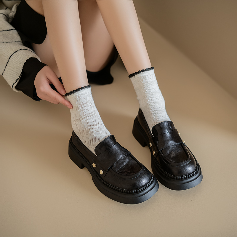 2024 Women's Thick-Soled Loafers with Chunky Heels, Retro British Style Slip-On Leather Flats, Genuine Leather College Shoes