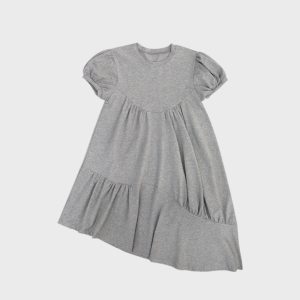 2025 Korean Retro Puff Sleeve Irregular Gray Dress with Short Skirt for Women - Summer Fashion Trend