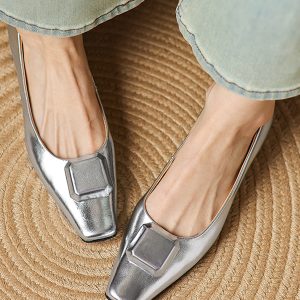 2025 New Genuine Leather Square Buckle Square Toe Shallow Mouth Low-Heeled Commuting Shoes for Women - French Style