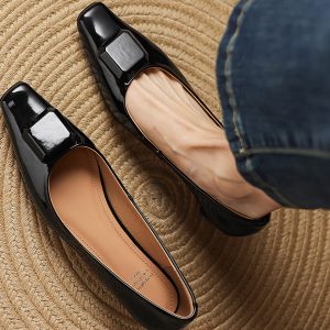 2025 New Genuine Leather Square Buckle Square Toe Shallow Mouth Low-Heeled Commuting Shoes for Women - French Style