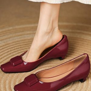 2025 New Genuine Leather Square Buckle Square Toe Shallow Mouth Low-Heeled Commuting Shoes for Women - French Style