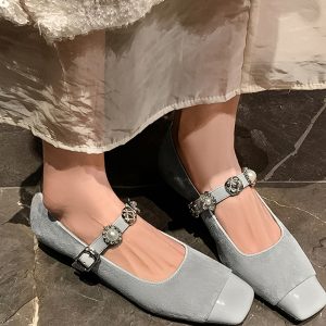 2025 New Women's French Low-Heeled Mary Jane Flats with Pearl Buckle - Genuine Leather, Square-Toe, Chanel-Style, Shallow Mouth