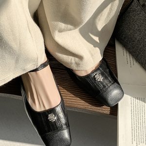 2025 New Women's Genuine Leather Mary Jane Flat Shoes - French Square Toe with Single Strap - Gentle Camellia Design