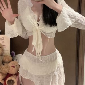 2025 Slimming Conservative Four-Piece Bikini Swimsuit Set for Women - Sexy, Separate Design for Small Bust, Perfect for Vacation & Hot Spring