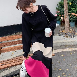 2025 Spring Women's Color-Blocking Long-Sleeve Dress, Casual Waist-Cinching Slim A-Line in Korean Style