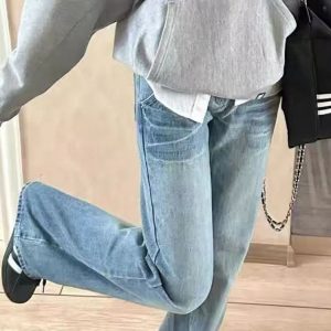2025 Spring/Summer American-Style Low-Waist Distressed Flared Jeans for Women, Loose Wide-Leg Straight Pants, Floor-Length Fashion