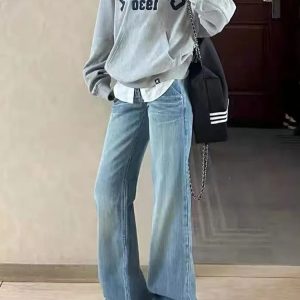 2025 Spring/Summer American-Style Low-Waist Distressed Flared Jeans for Women, Loose Wide-Leg Straight Pants, Floor-Length Fashion