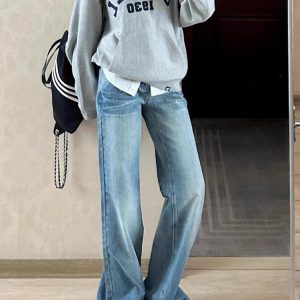 2025 Spring/Summer American-Style Low-Waist Distressed Flared Jeans for Women, Loose Wide-Leg Straight Pants, Floor-Length Fashion