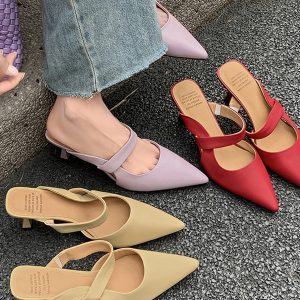 2025 Spring/Summer Korean-Style Pointed-Toe Backless Stiletto High Heels - Closed-Toe Half Slippers in Sheepskin with One-Strap Design