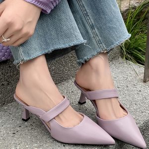 2025 Spring/Summer Korean-Style Pointed-Toe Backless Stiletto High Heels - Closed-Toe Half Slippers in Sheepskin with One-Strap Design