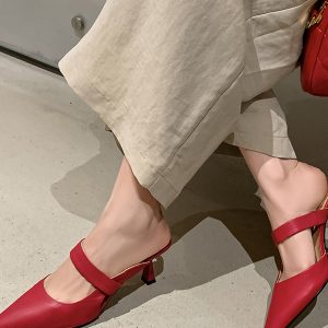 2025 Spring/Summer Korean-Style Pointed-Toe Backless Stiletto High Heels - Closed-Toe Half Slippers in Sheepskin with One-Strap Design