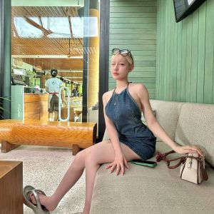 2025 Summer American-Style Sexy Halter Backless Denim Dress for Women, Slim Fit Short Skirt to Highlight Curves