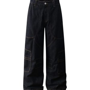 2025 Summer American Vintage Multi-Pocket Baggy Work Pants - Stiff A-Line Jeans for Retro 90s Style