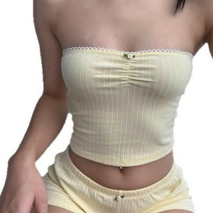 2025 Summer Casual Two-Piece Solid Color Slim Fit Shorts Strapless Homewear Set - Sexy Chic Style for Sweet Girls