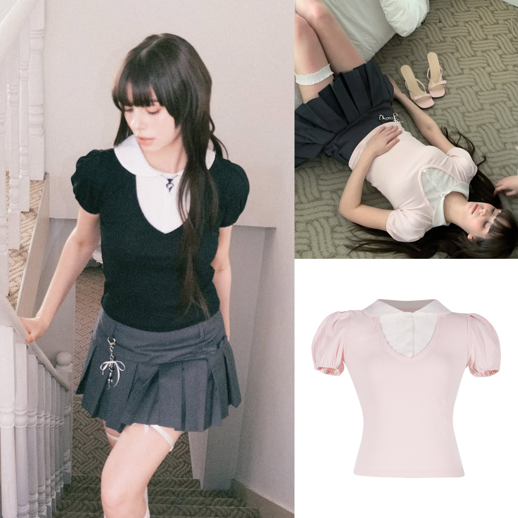 2025 Summer College Style Color Block Short Sleeve T-Shirt with Doll Collar - Trendy Fake Two-Piece Design