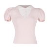 2025 Summer College Style Color Block Short Sleeve T-Shirt with Doll Collar - Trendy Fake Two-Piece Design
