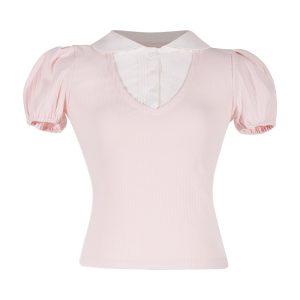 2025 Summer College Style Color Block Short Sleeve T-Shirt with Doll Collar - Trendy Fake Two-Piece Design