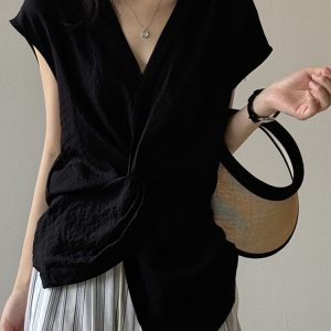 2025 Summer French V-Neck Knotted Sleeveless Blouse for Women, High-End Fitted Linen Top, Chic Casual Style