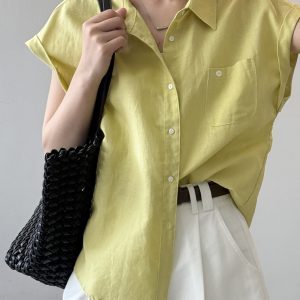 2025 Summer Linen Cotton Flutter Sleeve Shirt for Women, Sleeveless Drop Shoulder Loose Top, Casual Lightweight Blouse