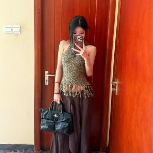 2025 Summer Retro Spicy Girl Backless Woven Vest with Tassel Neck, Slim-Fit Sleeveless Top for Women