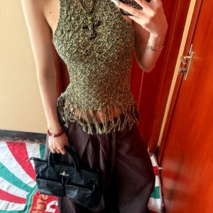 2025 Summer Retro Spicy Girl Backless Woven Vest with Tassel Neck, Slim-Fit Sleeveless Top for Women