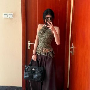 2025 Summer Retro Spicy Girl Backless Woven Vest with Tassel Neck, Slim-Fit Sleeveless Top for Women