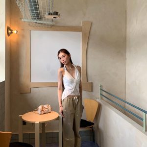 2025 Summer Women's American Style V-Neck Lace Spliced Slim Fit Halter Camisole Top - Sexy Y2K Fashion