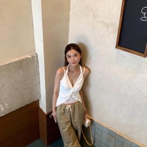 2025 Summer Women's American Style V-Neck Lace Spliced Slim Fit Halter Camisole Top - Sexy Y2K Fashion
