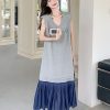 2025 Summer Women's College Style Patchwork V-Neck Sleeveless Dress - Korean Loose Long Skirt Trend for Effortless Fashion