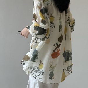 2025 Summer Women's French Floral Long Sleeve Shirt - High-End Printed Sun Protection Blouse for Holiday Style