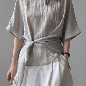 2025 Summer Women's French-Style Tie-Up Doll Shirt, Irregular Elegant Waist-Cinching Blouse, Unique Vacation Top