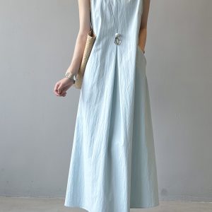 2025 Summer Women's High-End Minimalist Sleeveless Pleated A-Line Dress - Elegant Long Skirt for Effortless Style