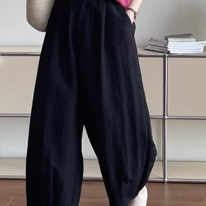 2025 Summer Women's Loose-Fitting Wide-Leg Balloon Pants, Casual Elastic Waist, Lightweight Trendy Trousers