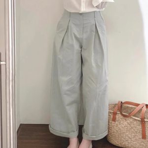 2025 Summer Women's Retro Rolled-Up Nine-Point Casual Wide-Leg Pants - Loose BF Style Relaxed Fit