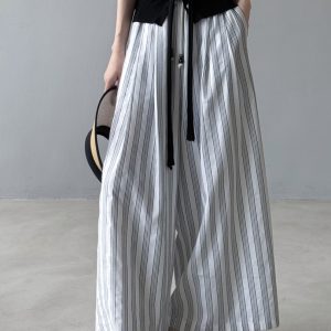 2025 Summer Women's Retro Vertical Striped Wide-Leg Linen Pants - Thin, Loose, Casual Style for Effortless Fashion