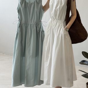 2025 Summer Women's Sleeveless Waist-Cinching Drawstring Dress, Slimming French Long Style, Unique and Chic for Effortless Fashion