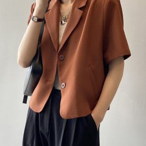 2025 Summer Women's Solid Color Short Sleeve Suit - Loose Fit Korean Style British Fashion Jacket