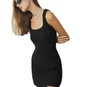 2025 Summer Women's Solid Color Wide Stripe Knitted Bodycon Mini Vest Dress - Elegant Slim Fit Style