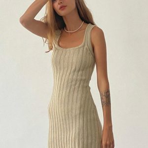 2025 Summer Women's Solid Color Wide Stripe Knitted Bodycon Mini Vest Dress - Elegant Slim Fit Style