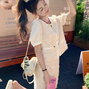 2025 Summer Women's Sweet Two-Piece Set Dress - Small Fragrant Wind Suit Top and Skirt for Petite Sizes