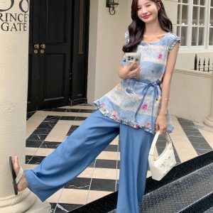 2025 Summer Women's Two-Piece Set - Stylish Sleeveless Tank Top & Wide-Leg Pants, Anti-Aging Design, Trendy Fashion