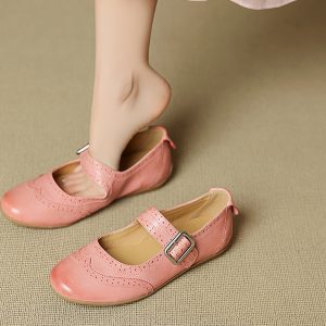 2025 Women's Genuine Leather Mary Jane Flats - French Brogue Small Leather Shoes with Single Strap, Soft Ballet Style