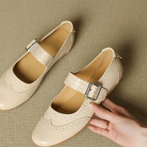 2025 Women's Genuine Leather Mary Jane Flats - French Brogue Small Leather Shoes with Single Strap, Soft Ballet Style