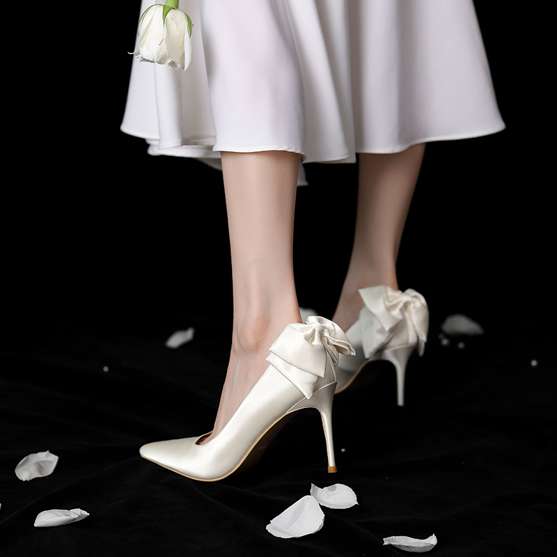 2025 Women's White French High Heels with Bow - Comfortable Bridal Wedding Shoes, Chic and Elegant Design