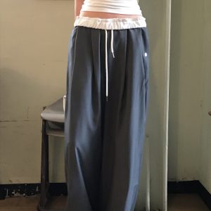 25 Summer Color-Block Ruffled Tie Casual Long Pants - Korean Style Straight Leg Design